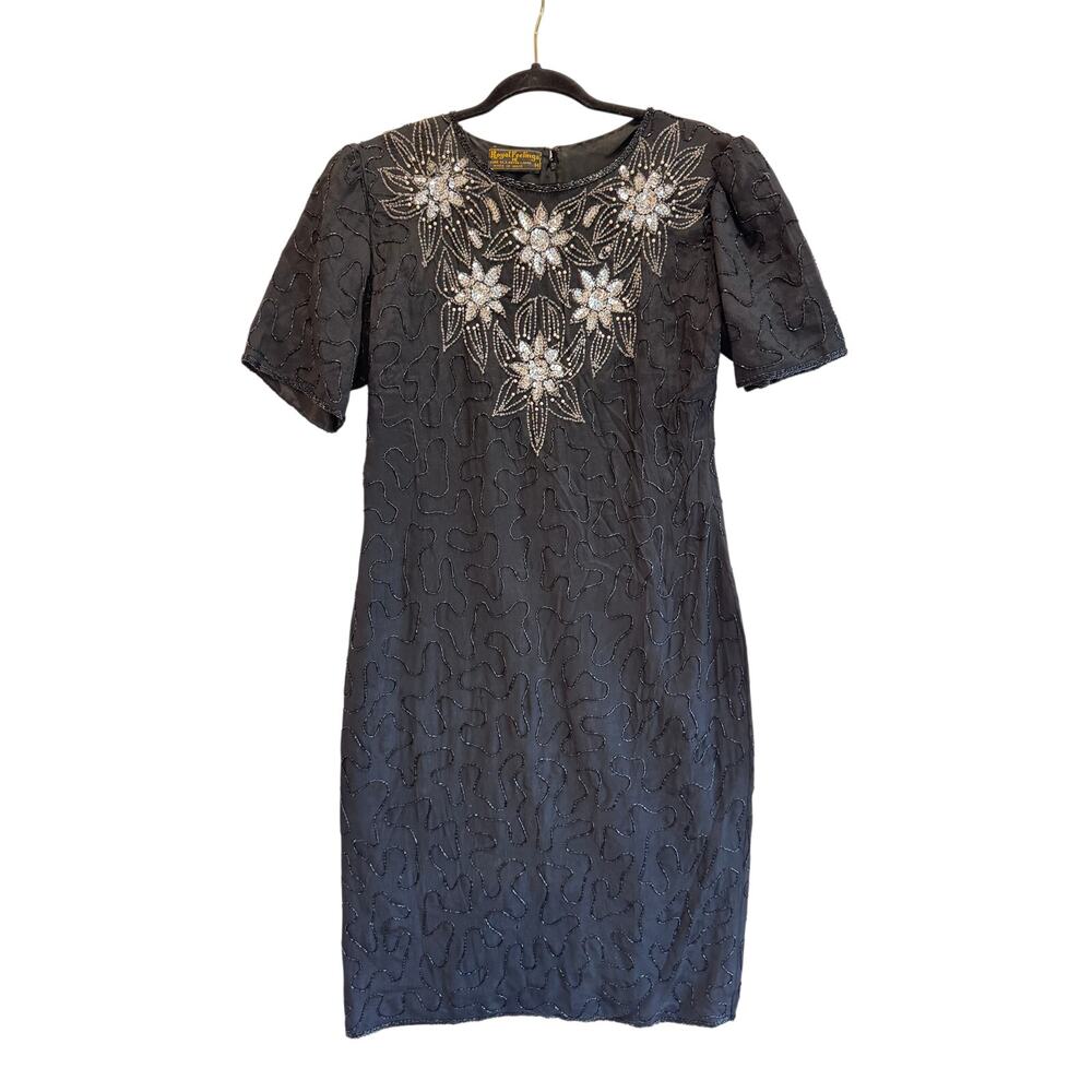 Vintage Royal Feelings Black Beaded Silk Dress Floral Embellished Short Sleeve M